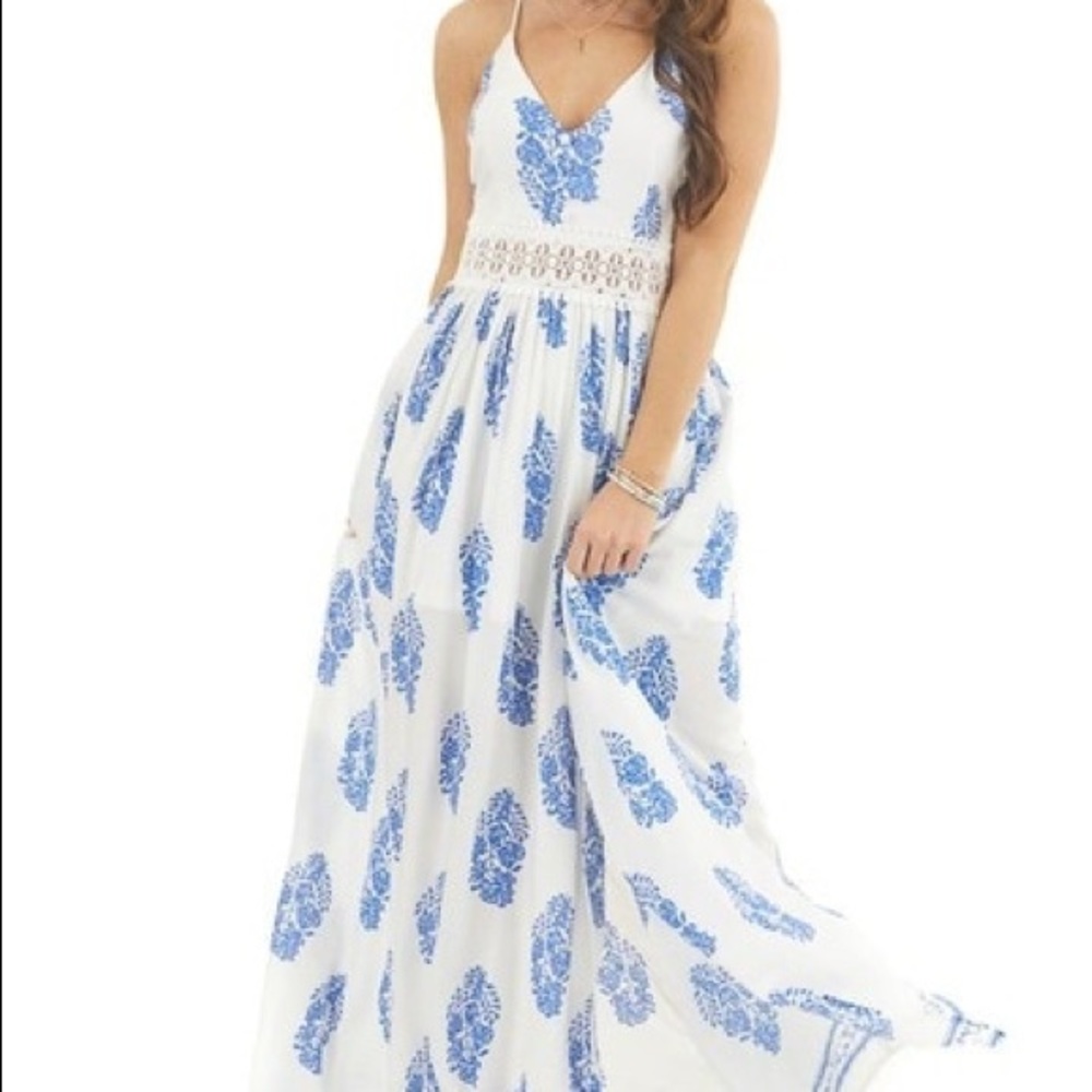 Royal and white maxi with crochet detail